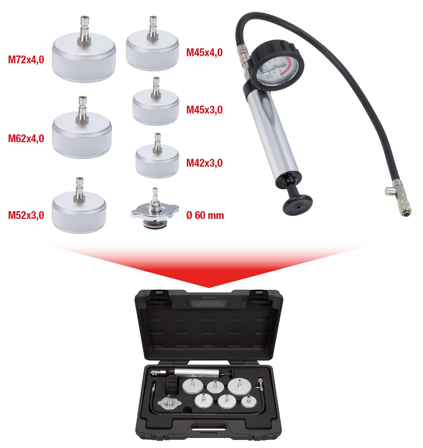 Druckprüfset mit Manometer und verschiedenen Adaptern, präsentiert in offenem Koffer. Adapter von M42 bis M72 inklusive.