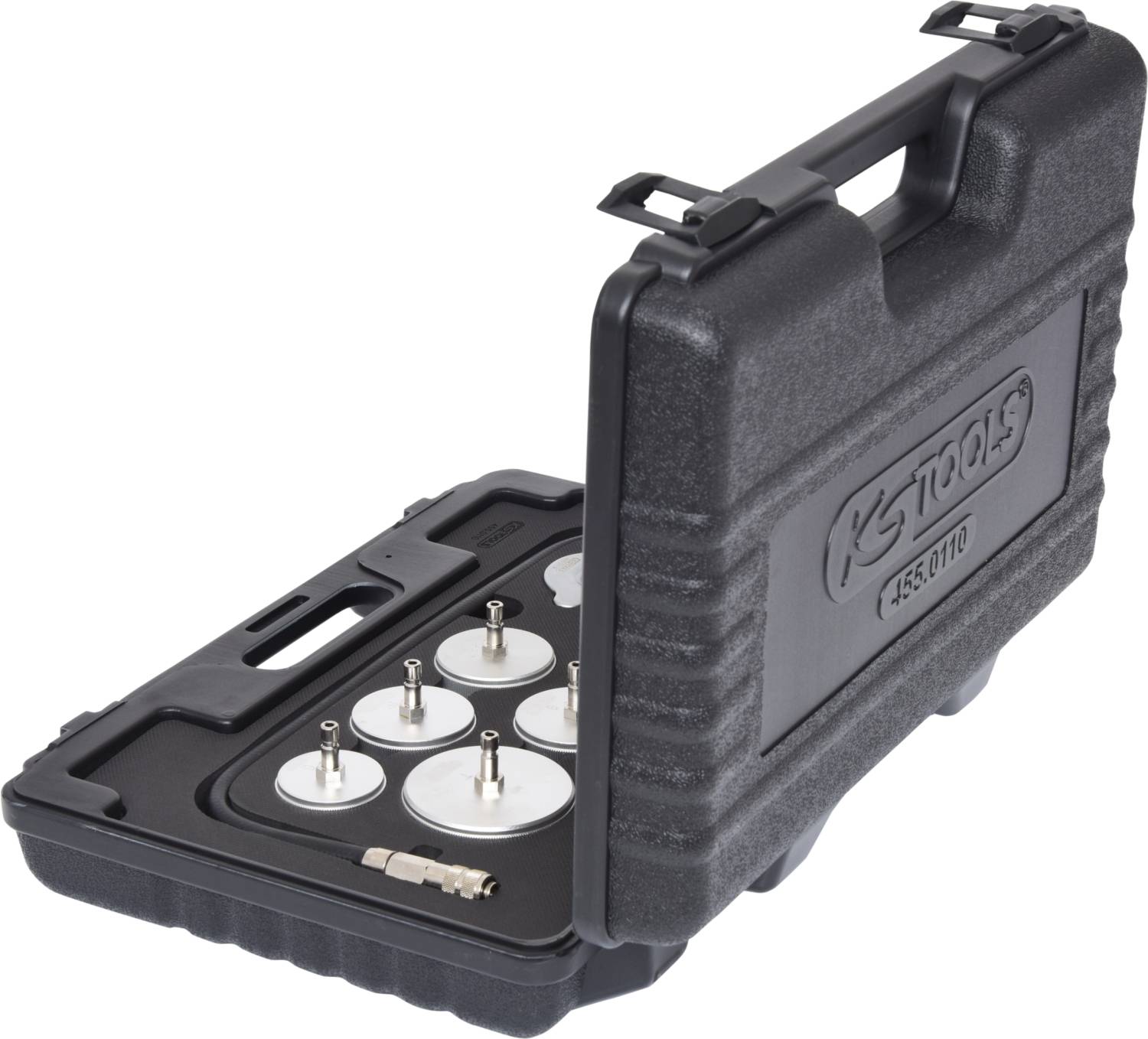 'Offener schwarzer Werkzeugkoffer mit sechs weißen Scheiben und einer silbernen Komponente. KS Tools-Logo auf dem Deckel.'