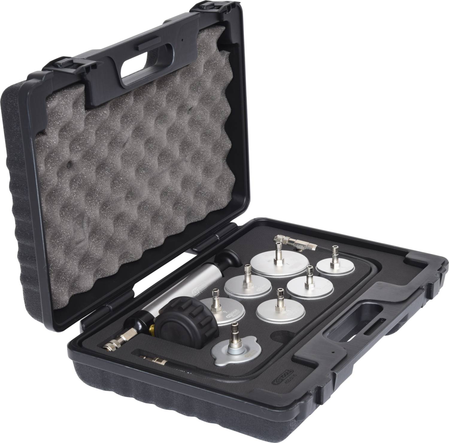 Schwarzer Kunststoffkoffer mit Schaumstoff gepolstert, enthält Präzisionsdruckmessgeräte und Adapter.