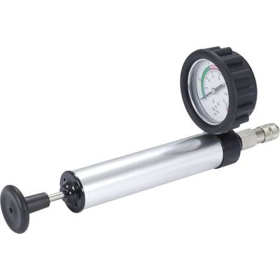Handpumpe mit Druckanzeige, geeignet zur Erzeugung von Druckluft in technischen Anwendungen. Schematische Skala zeigt Druckwerte.