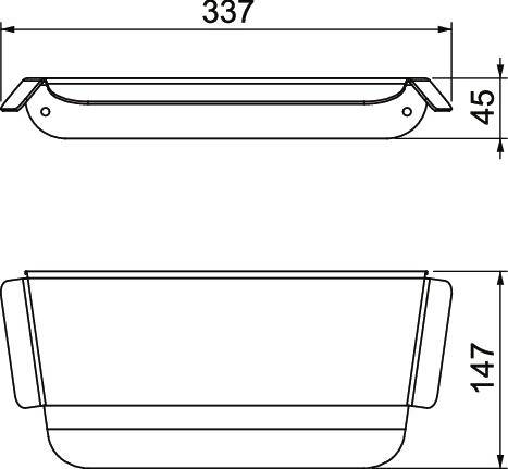 Technische Zeichnung einer rechteckigen Form mit Griffen an den Seiten. Maße: 337 mm Länge, 147 mm Höhe, 45 mm Tiefe.