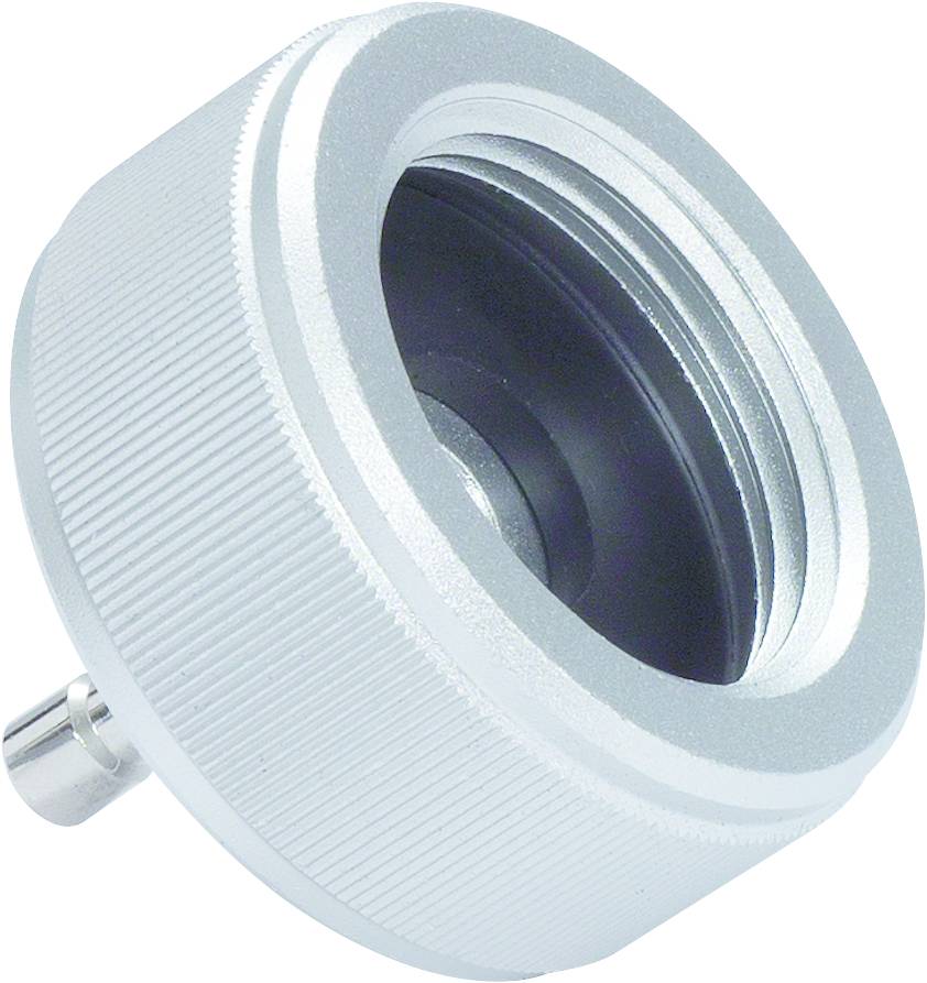 Silberner, zylindrischer Metalladapter mit einer geriffelten Oberfläche und einem Innengewinde, möglicherweise für technische Anwendungen.