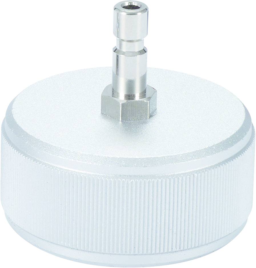 Runder, silberner Adapter mit geriffelter Oberfläche und einem kleinen Anschluss an der Oberseite. Verwendet für technische Anwendungen.