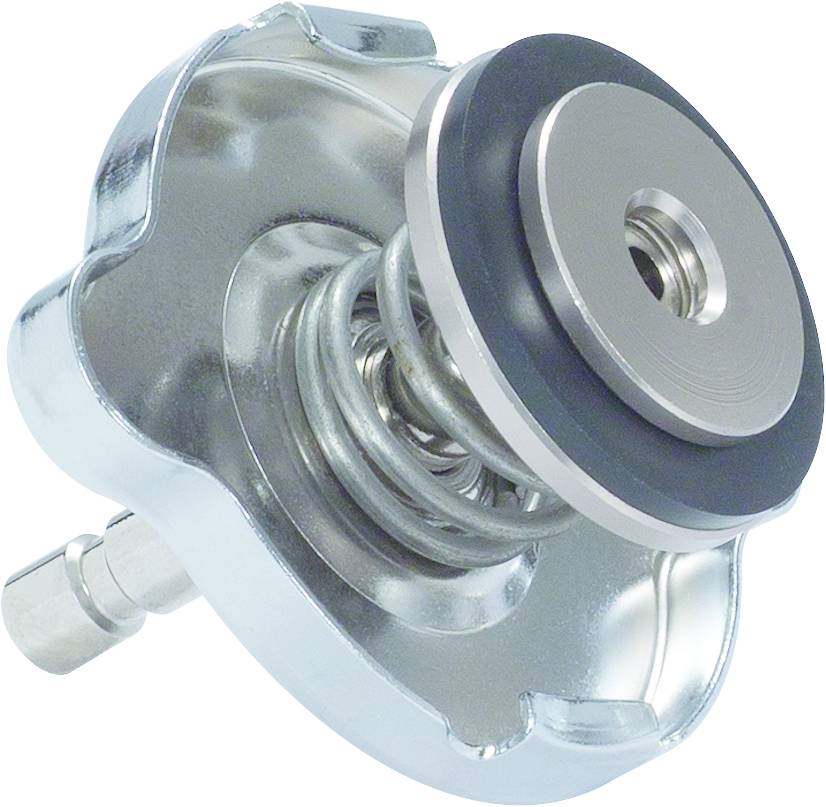 Metallischer Druckventilkopf mit Feder. Verwendet für Druckregulierung in Heizsystemen. Silber mit schwarzem Gummiring.