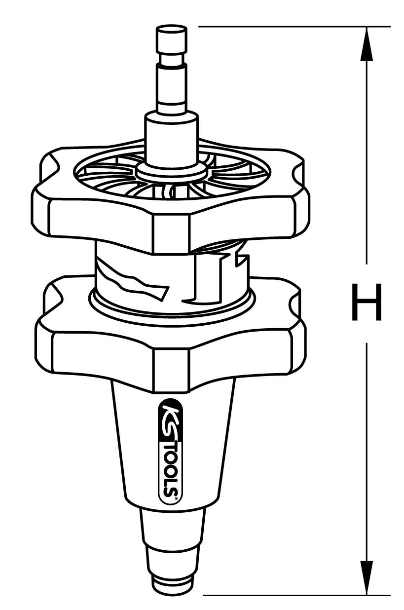 Illustration eines KS Tools Getriebes mit zwei großen Zahnrädern, einem mittleren Ritzel und einem Pfeil, der die Höhe 'H' zeigt.