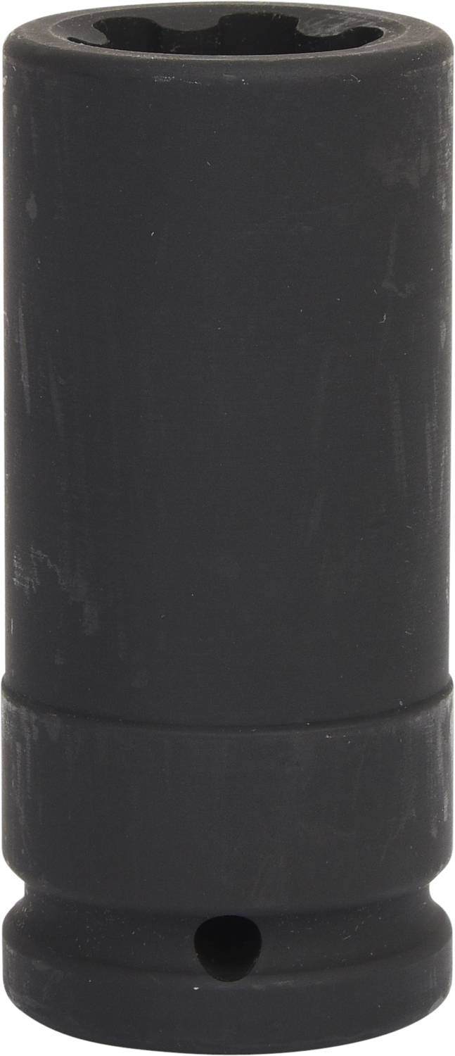 Ein schwarzer Steckschlüsseleinsatz, zylindrisch, aus Metall, für mechanische Arbeiten und zur Befestigung von Schraubenmuttern geeignet.