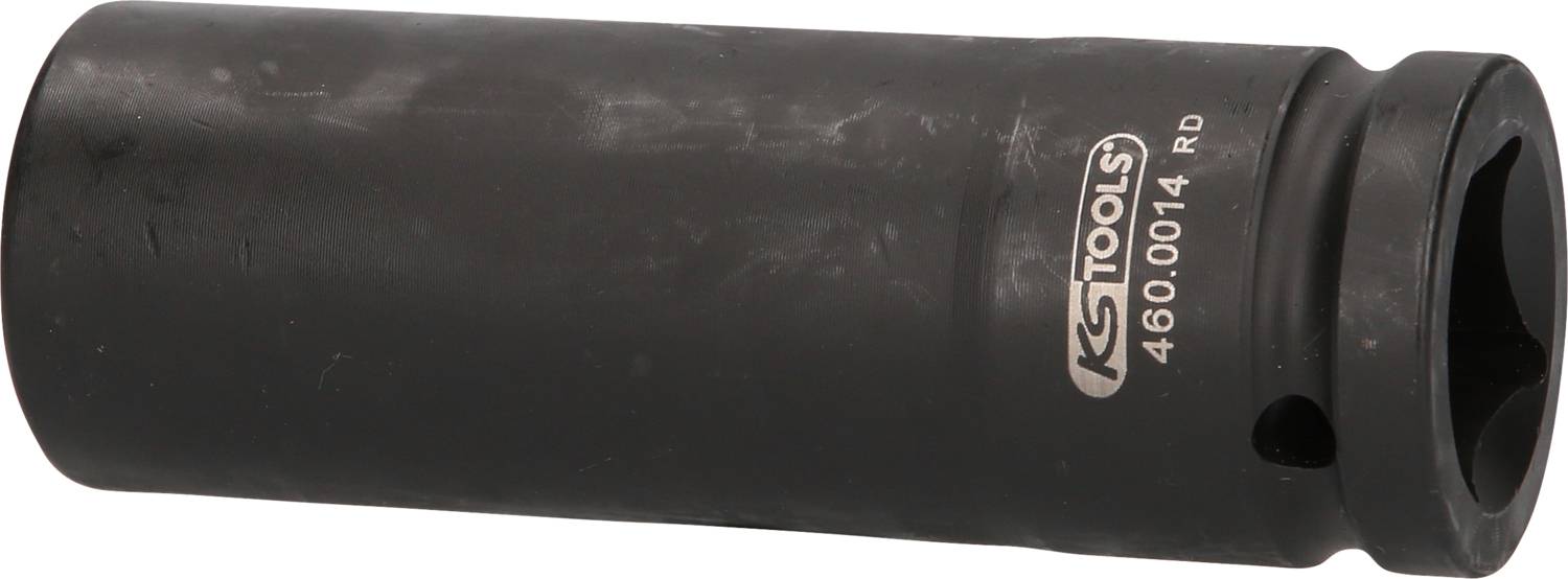 Ein schwarzer Steckschlüssel von KS Tools, mit der Nummer 460.0014 RD, liegt quer. Werkzeug für mechanische Arbeiten.