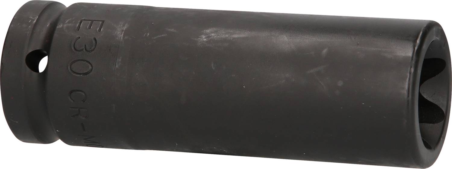 Schwarze, zylindrische Metallhülse mit kleinen Öffnungen an den Enden. Kleines Loch in der Nähe des Randes.