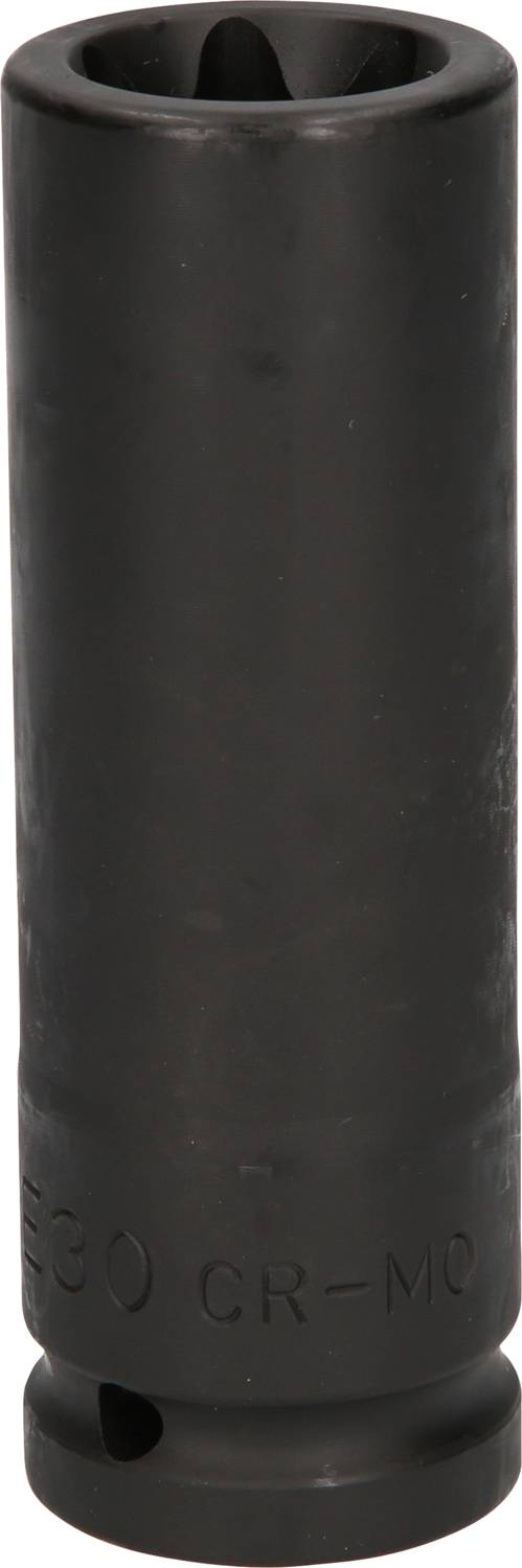 Eine schwarze Stecknuss aus robustem Material, zylinderförmig und für professionelle Schraubarbeiten geeignet.