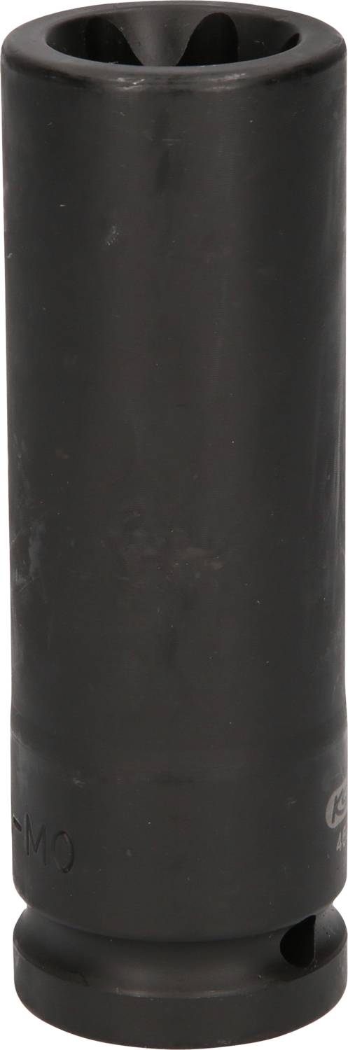 Ein schwarzer, zylindrischer Metallaufsatz mit vertikalen Schlitzen an der Oberseite, möglicherweise ein Teil eines mechanischen Werkzeugs.