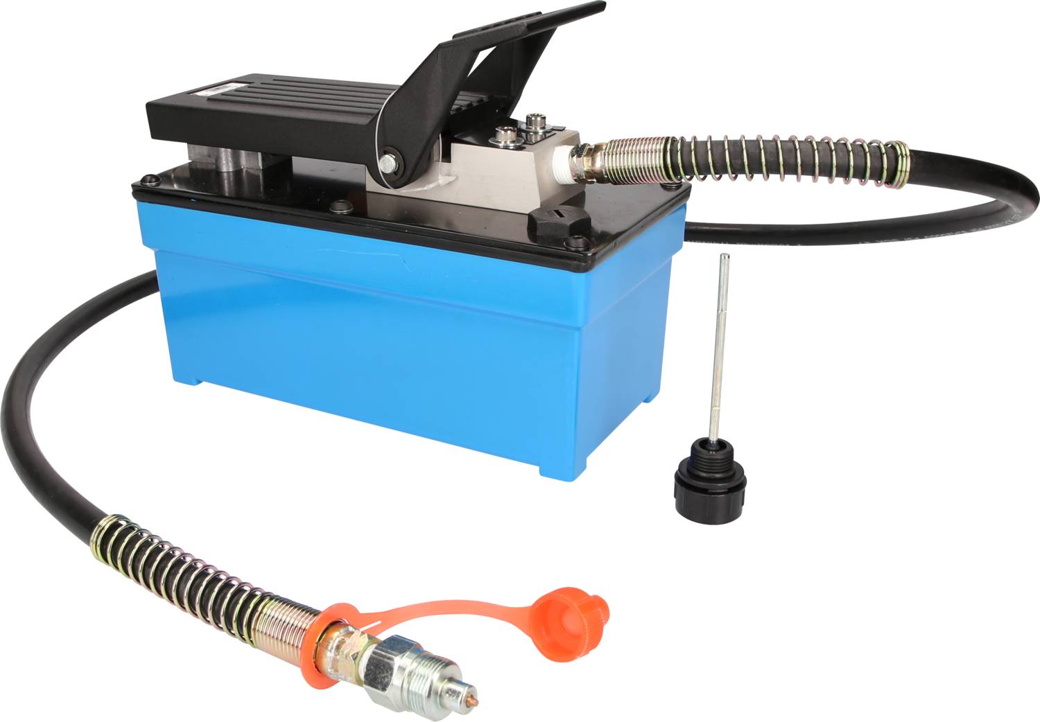 Hydraulische Fußpumpe mit schwarzem Pedal, blauer Basis, zwei Schläuchen und einer schwarzen Kappe.