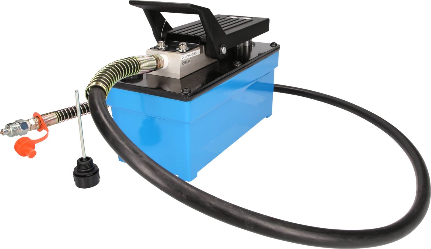Eine blaue hydraulische Pumpe mit Schlauch und schwarzem Griff, geeignet für industrielle Anwendungen.