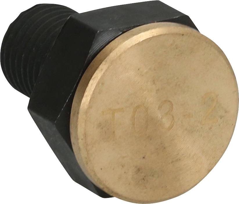 Eine Metallkappe mit der Gravur 'Г03-2', montiert auf einem schwarz lackierten, sechskantigen Schraubenkopf.