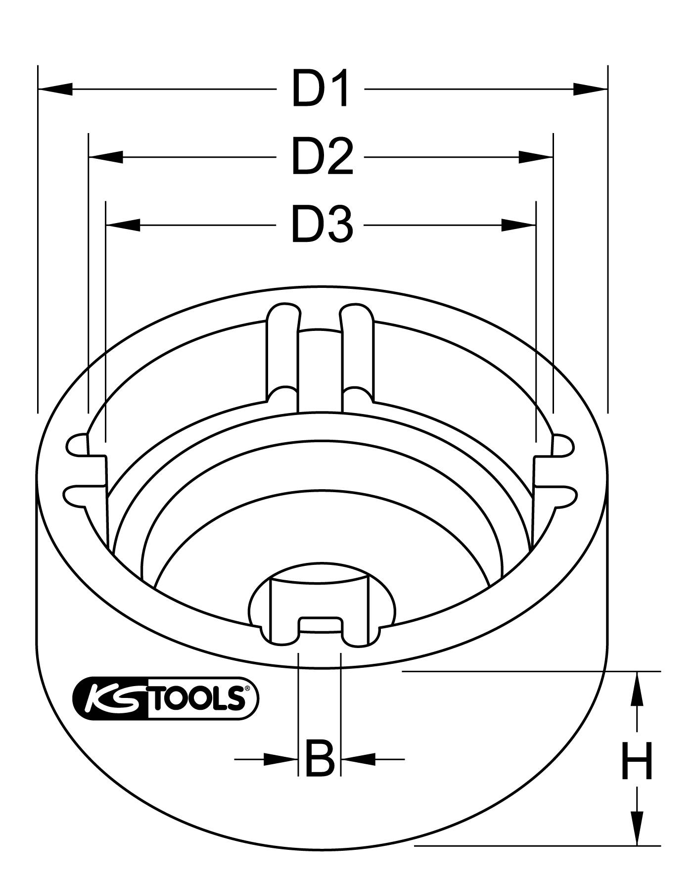 Technische Zeichnung eines runden Werkzeugs mit drei gemessenen Durchmessern (D1, D2, D3) und Höhe (H); markiert mit 'KS Tools'.