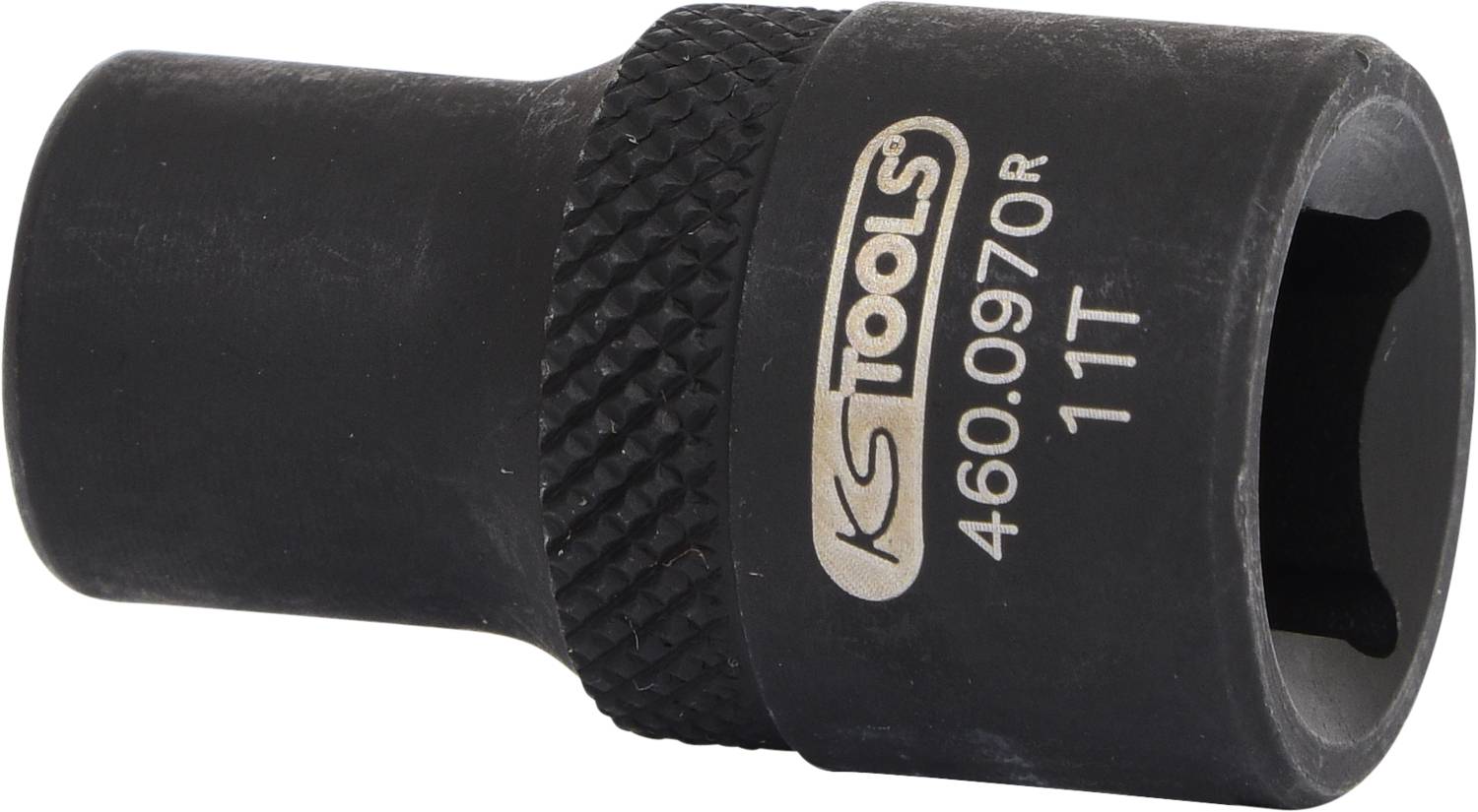 'Schwarze Stecknuss der Marke KS Tools, mit Rändelung für besseren Griff, Größe 11T, Modellnummer 460.0970R.'