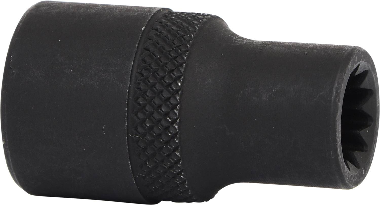 Ein schwarzer Steckschlüsselaufsatz aus Metall mit geriffeltem Griffbereich, zur Verwendung mit einem Steckschlüsselsatz.