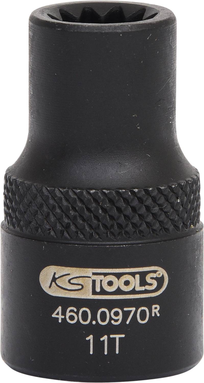 Eine schwarze Stecknuss von KS Tools, Modellnummer '460.0970R', Größe '11T'. Sie hat eine geriffelte Oberfläche zur besseren Griffigkeit.