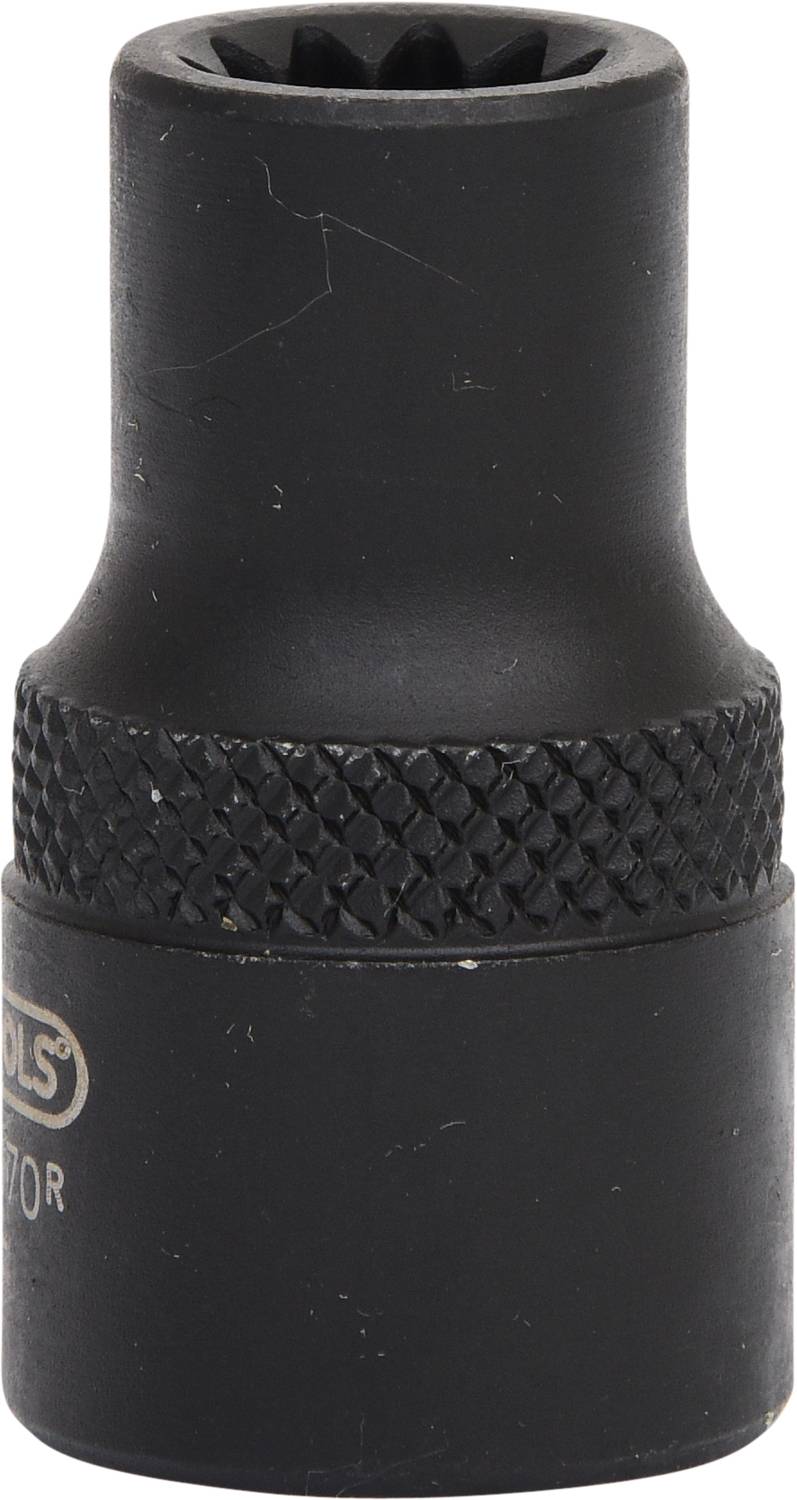 Schwarze Stecknuss mit gerändelter Oberfläche für besseren Halt, oft verwendet in mechanischer Arbeit für Schrauben und Muttern.