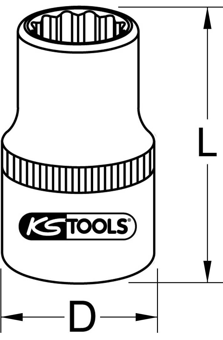 Stecknuss mit Längenmaß 'L' und Durchmesser 'D'. Logo 'KS Tools' auf der Seite.