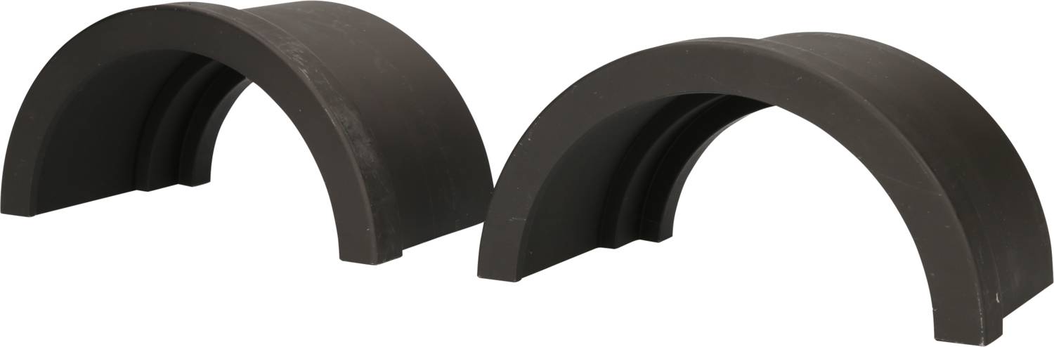 'Zwei gewölbte, schwarze Metallstücke nebeneinander. Sie wirken stabil und könnten als Halterungen oder Bauteile dienen.'