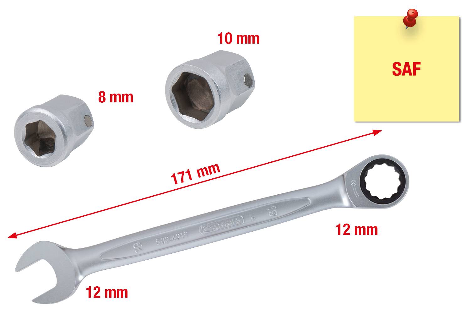 'Ratschen-Schlüssel mit einer Länge von 171 mm, zeigt die maße 12 mm, 10 mm und 8 mm. Gelber Zettel mit Text: SAF.'