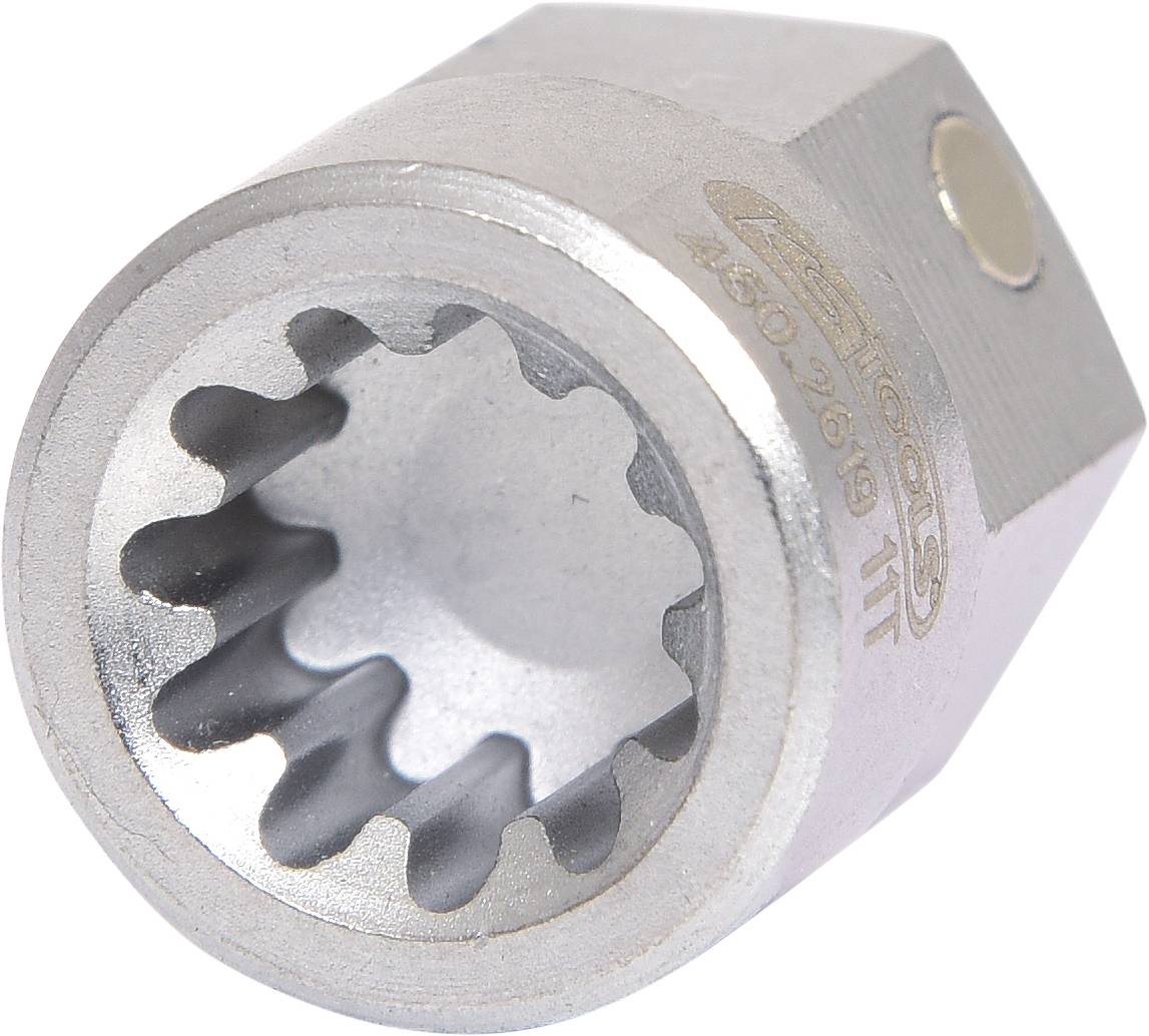 Metalladapter mit zahnförmiger Innenstruktur und zylindrischem Außengehäuse. Verwendet zur Verbindung mechanischer Teile.