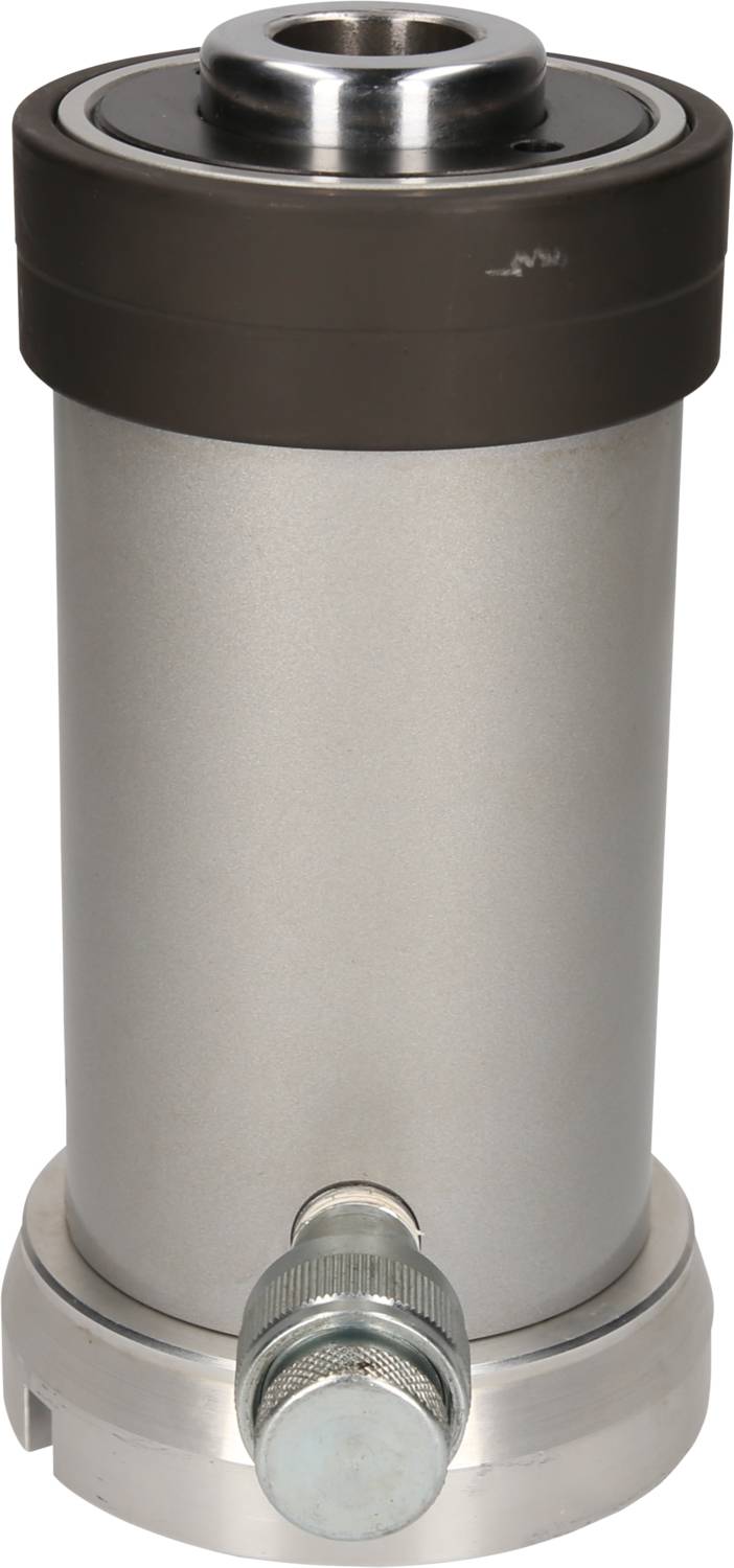 Ein zylindrischer Metallbehälter mit Ventil an der Seite.