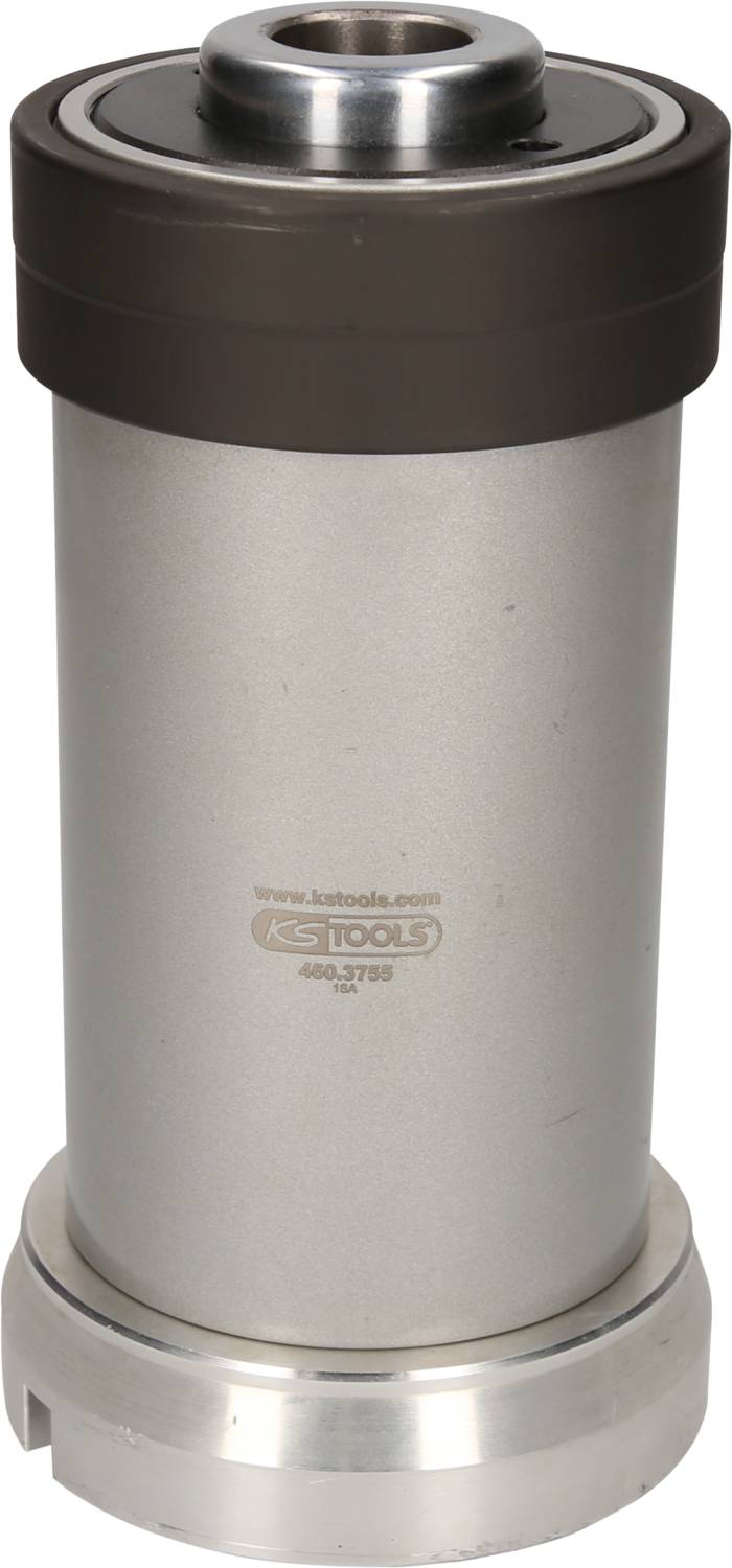 Ein zylindrisches Metallwerkzeug mit dunklem Deckel und Sockel, auf dem mittig das Logo und die Website einer Firma zu sehen sind.