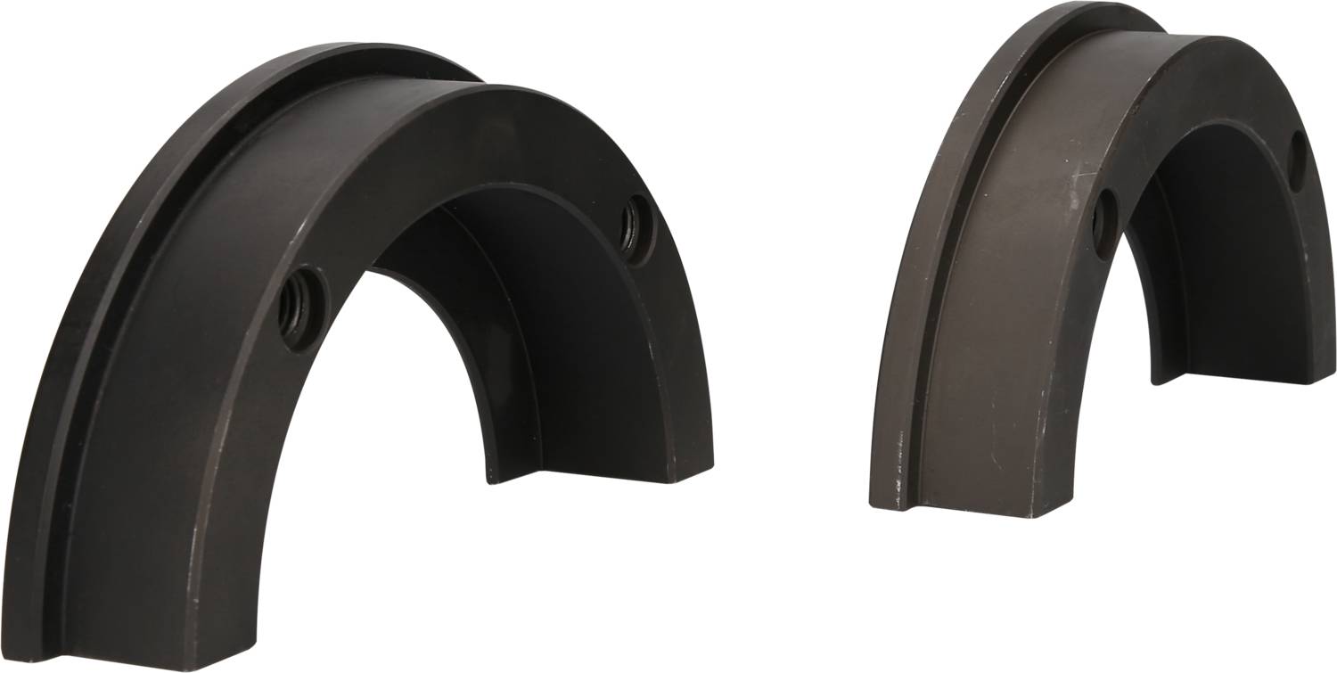 Zwei Halbbögen aus Metall, links größer als rechts, beide mit zentralen Schraubenlöchern, vor weißem Hintergrund.