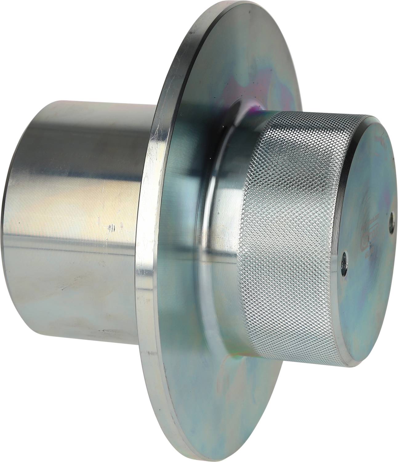 Ein Metallzylinder mit einer breiten scheibenförmigen Basis und geriffelter Oberfläche oben.