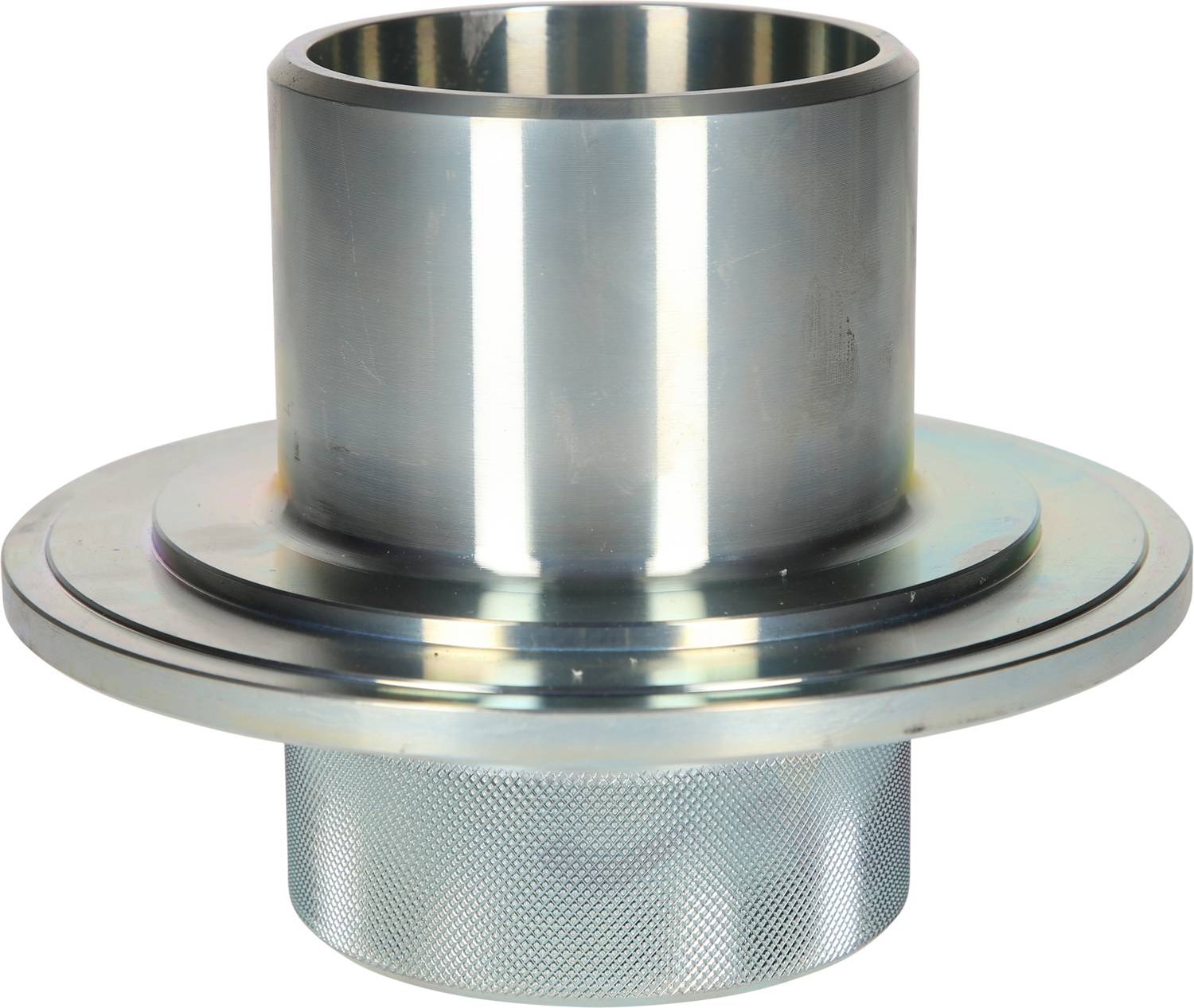 Metallischer Zylinder mit zwei unterschiedlich großen Abschnitten, unten geriffelt, oben glatt. Verwendet in Maschinenbau-Anwendungen.