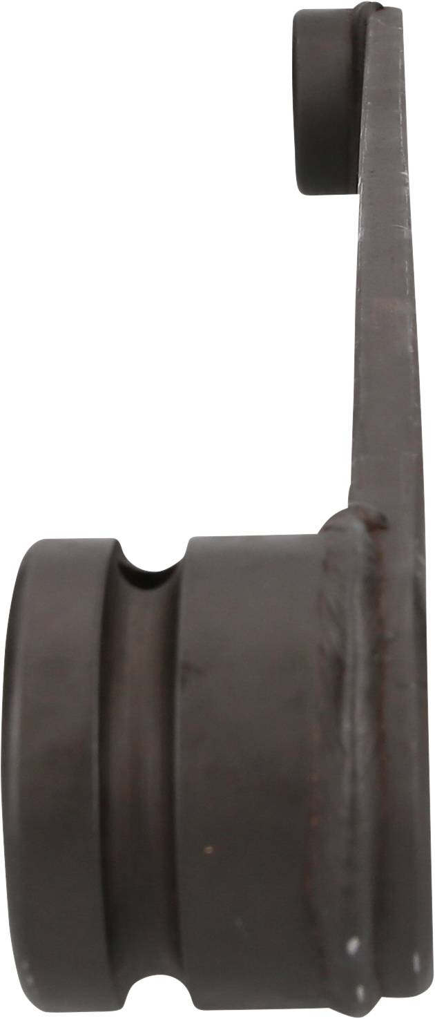 Metallischer Zylinder mit seitlich verlaufendem Arm, vermutlich ein Maschinenteil oder Zubehör, aus dunklem Metall.