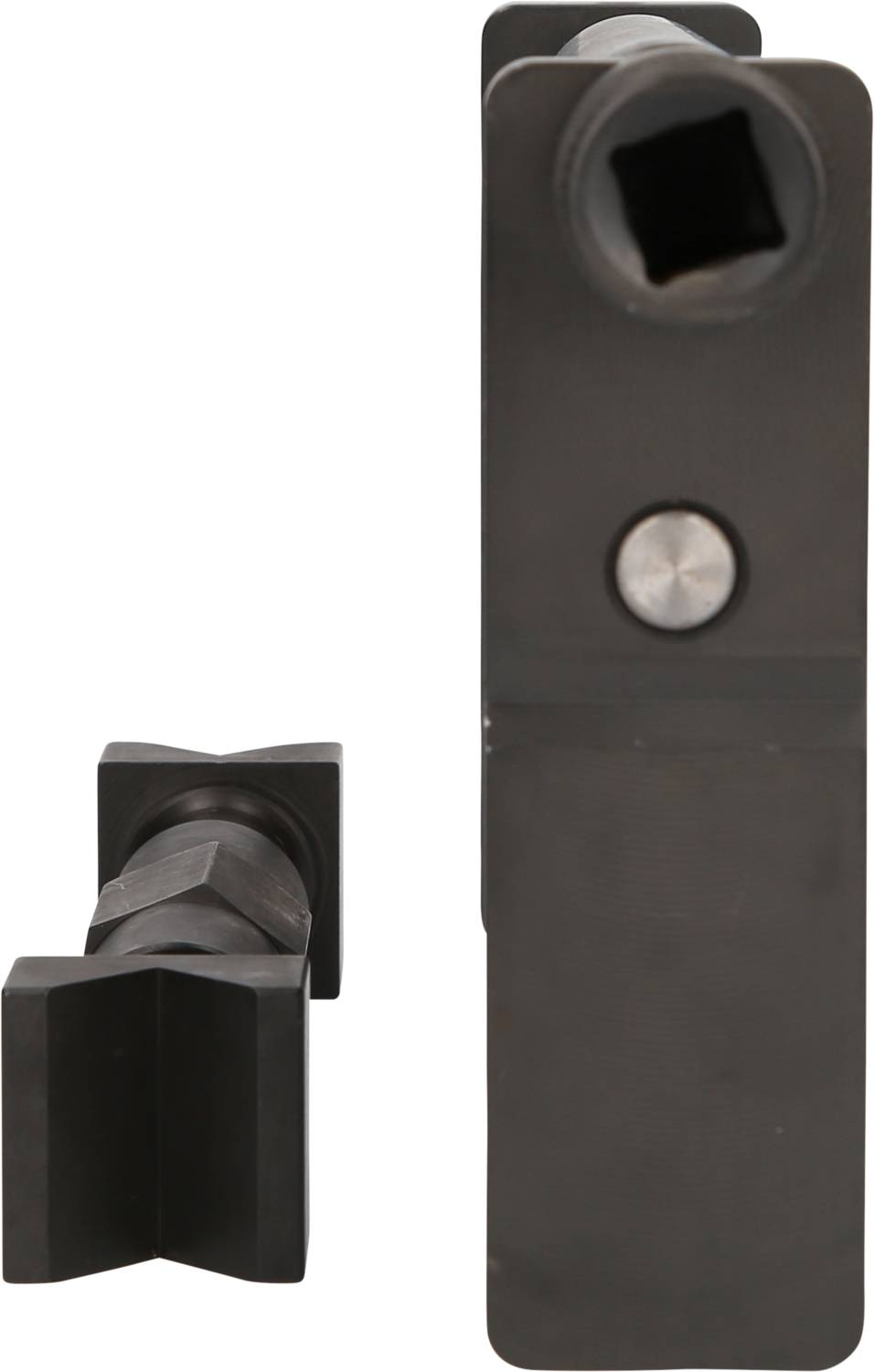 Zwei rechteckige, schwarze Metallteile mit quadratischen Öffnungen und geschlossenen Enden, seitlich und frontal abgebildet.