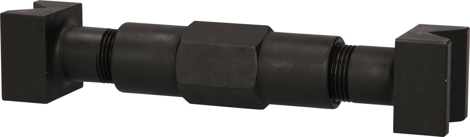 Ein schwarzes, zylindrisches Metallbauteil mit quadratischen Enden und gerippten Abschnitten zeigt Verbindungskomponenten.