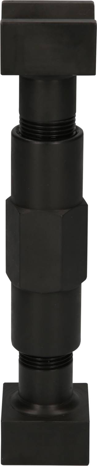 Schwarzes, stabförmiges Metallteil mit quadratischen Enden und mittlerem Schraubgewinde.