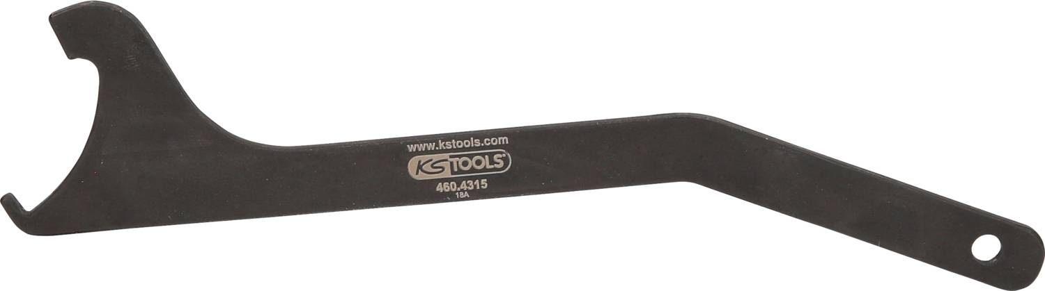 Ein schwarzer Hakenschlüssel mit gebogenem Griff. Auf dem Griff steht die Website und das Logo des Herstellers 'KS Tools'.