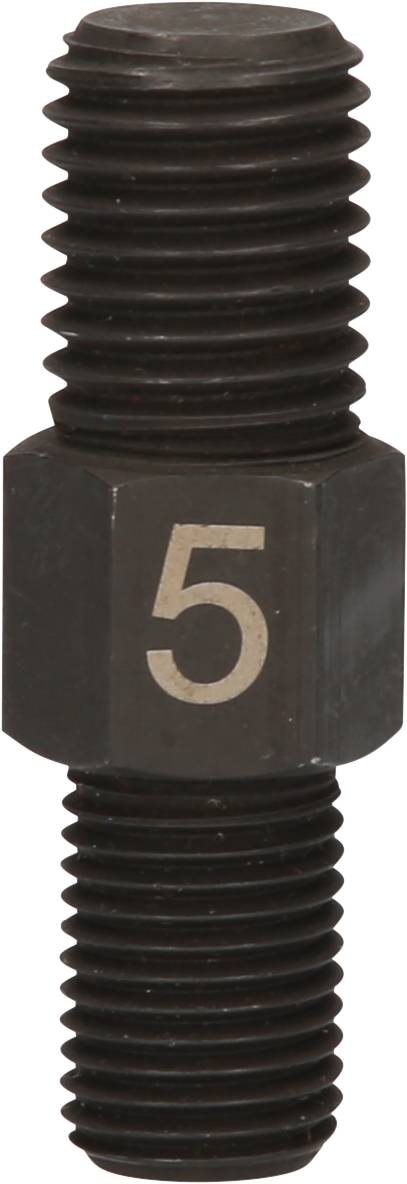 Eine schwarze Metallverschraubung mit beidseitigem Gewinde und der Zahl '5' eingraviert auf einem hexagonalen Mittelabschnitt.