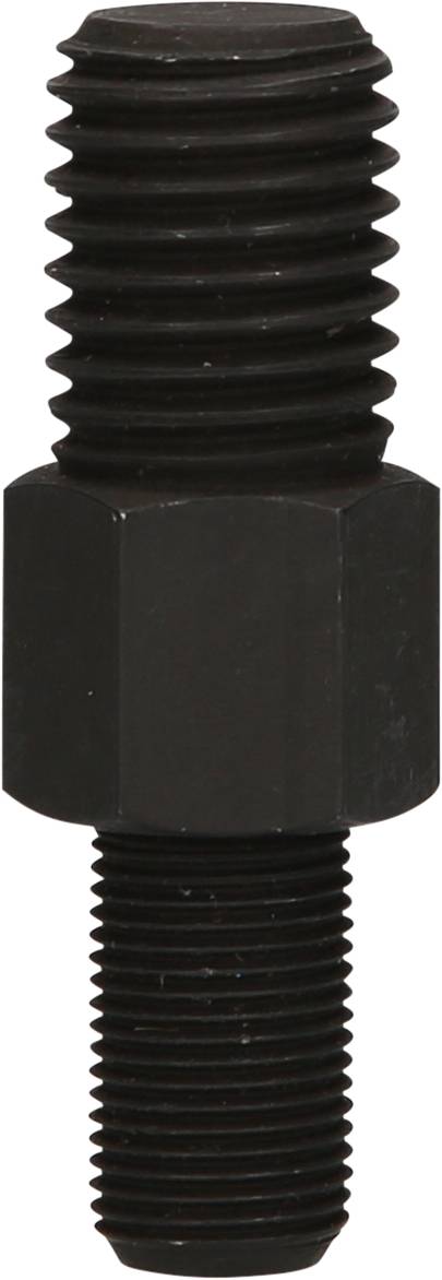 Eine schwarze Schraube mit beidseitigem Gewinde, oben grob und unten fein, mit einem sechseckigen Mittenabschnitt zum Anziehen.