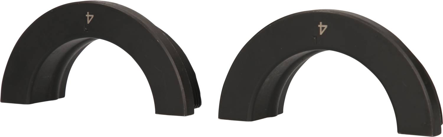 Zwei schwarze Bogenstücke, die ein Kreissegment darstellen. Sie sind einander zugewandt, mit einem kleinen Symbol auf jedem.