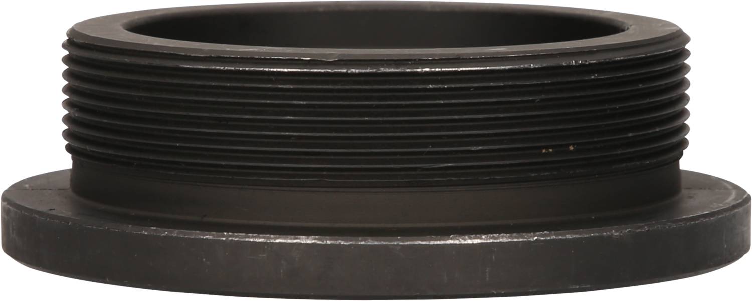 Ein schwarzer, runder, beidseitig geriffelter Metallring mit Gewinde, liegt flach auf einer Oberfläche.