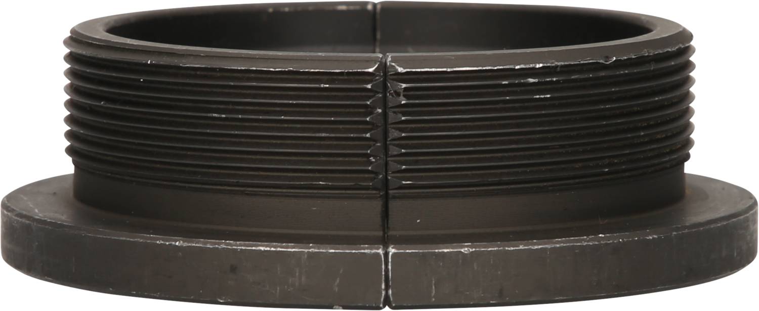 Ein schwarzer Gewindeadapter aus Metall, horizontal geteilt, auf einem weißen Hintergrund.