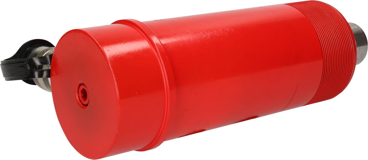 Ein roter Hydraulikzylinder in zylindrischer Form.