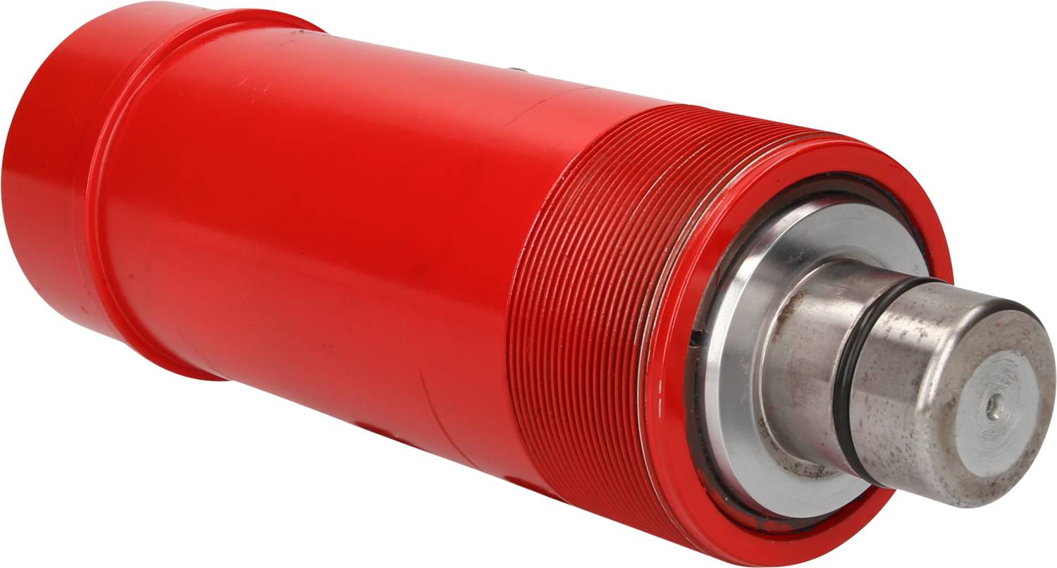 Roter zylindrischer Metallkörper mit Gewinden und glänzendem Ende, möglicherweise Teil einer Maschine oder eines Geräts.