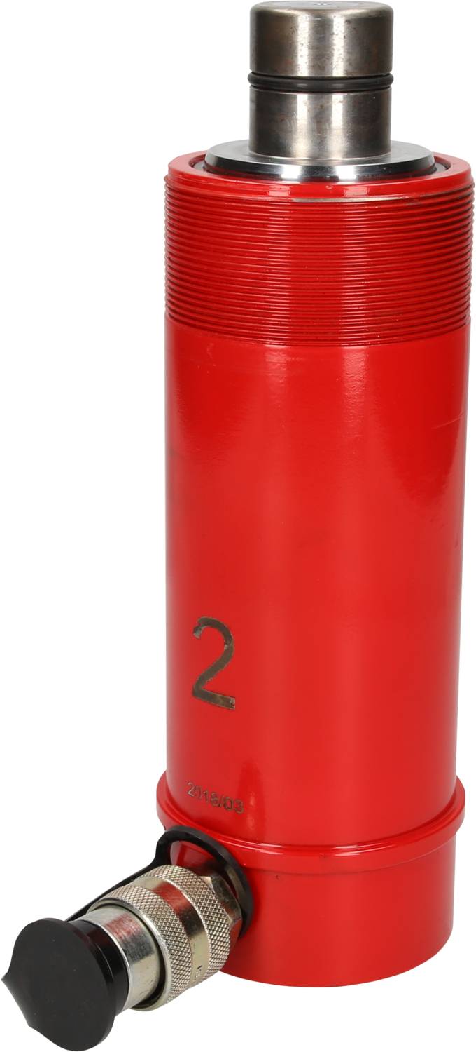 Ein roter hydraulischer Zylinder mit metallischem Anschluss und der Zahl '2' darauf. Geeignet für industrielle Anwendungen.