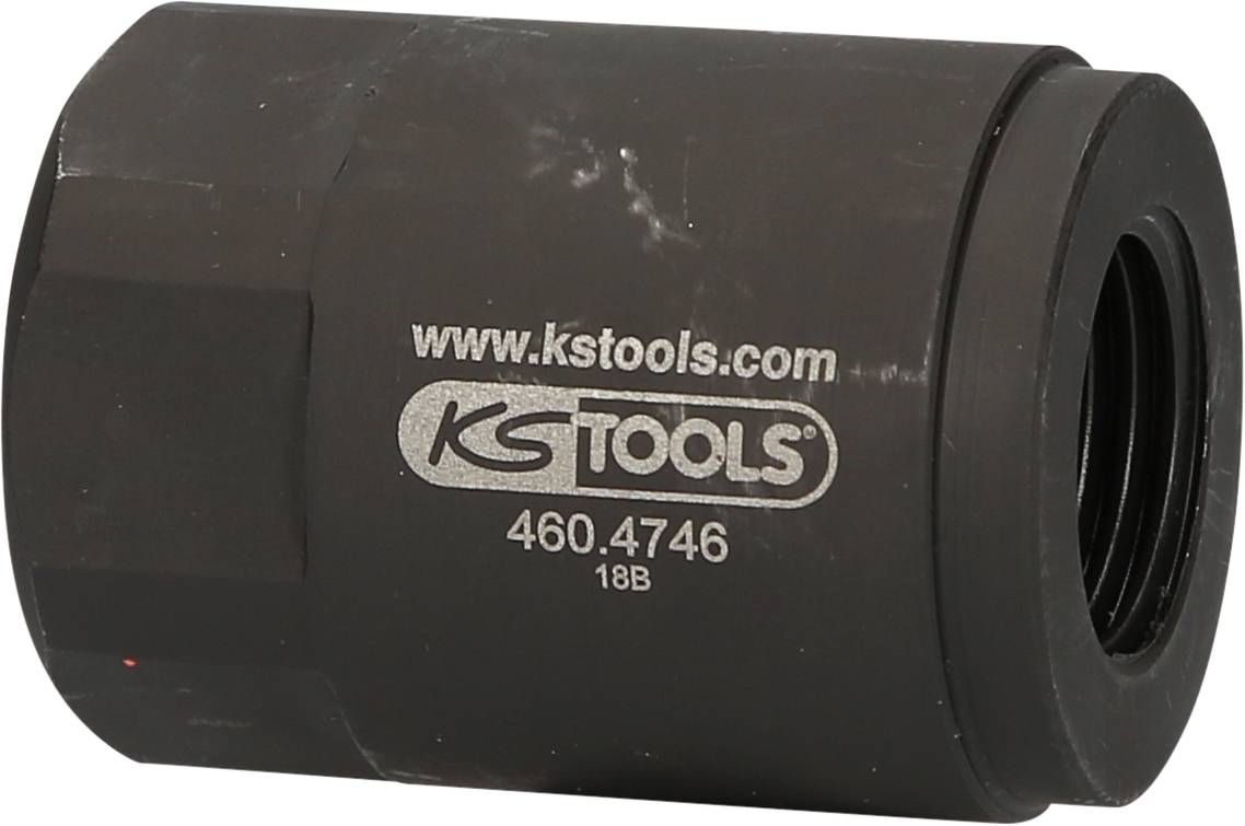 Schwarzes KS Tools Schraubenschlüsselteil mit der Aufschrift 'www.kstools.com 460.4746 18B', zylindrische Form, Metall.