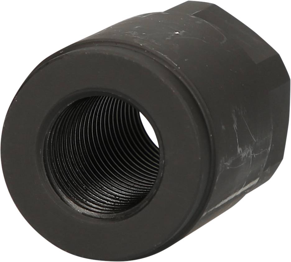 Schwarzes, zylindrisches Metallobjekt mit Innengewinde, möglicherweise ein Teil einer Maschine oder eines Werkzeugs.