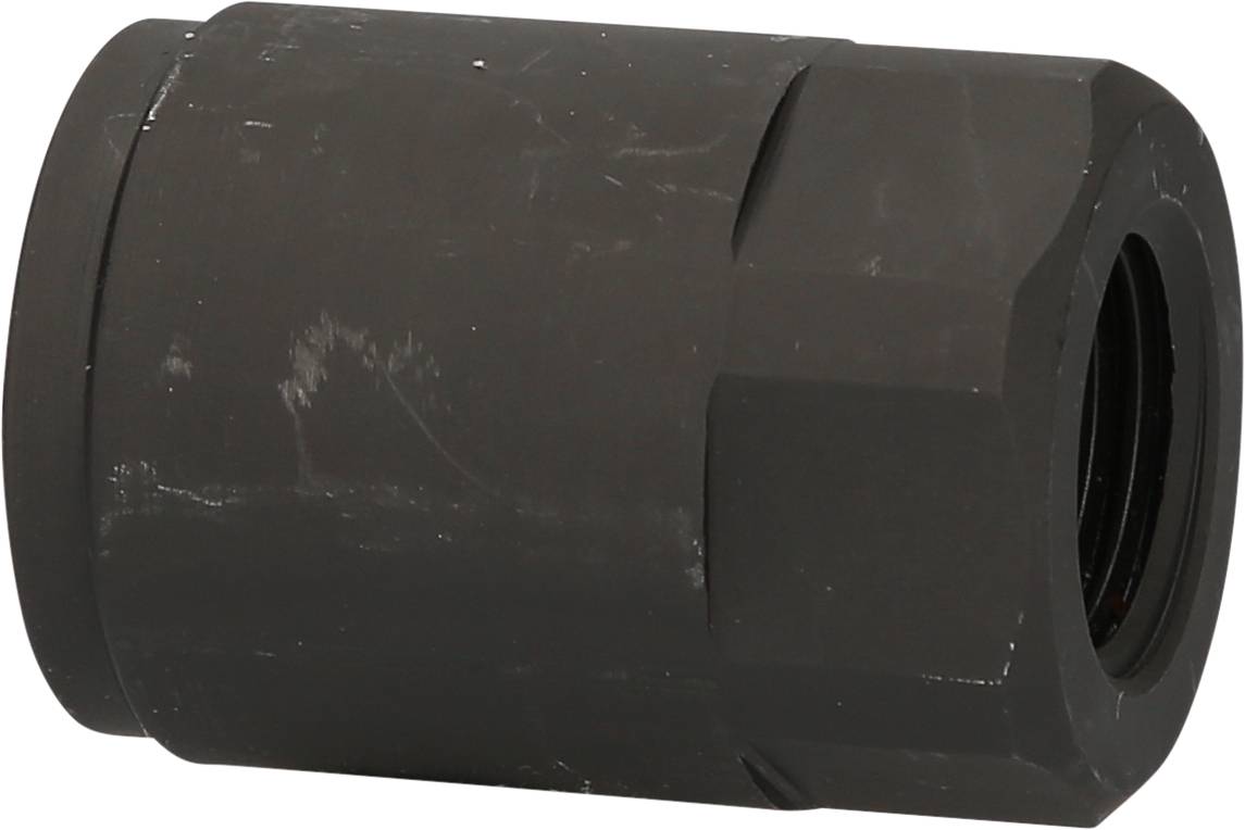 Metallverbindungsmutter in zylindrischer Form mit einheitlicher, dunkler Beschichtung, vermutlich für technische oder industrielle Anwendungen.