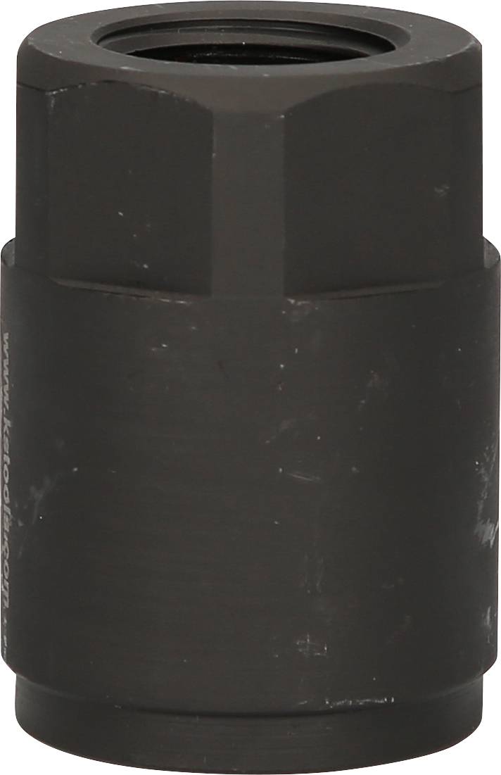 Ein schwarzer, zylindrischer Metalladapter mit sechseckigem Kopf, vermutlich ein Maschinenteil oder Werkzeugaufsatz.