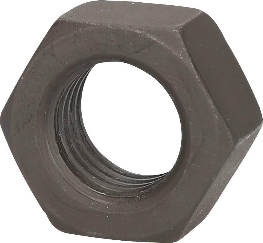 Eine sechseckige Mutter aus Metall, verwendbar zum Befestigen von Schrauben, vor weißem Hintergrund.
