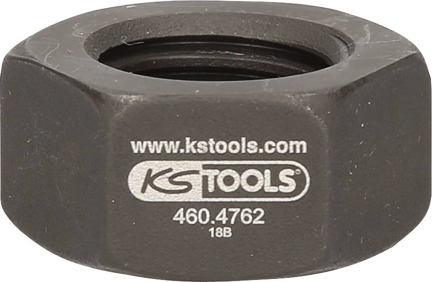 Sechskantmutter aus schwarzem Metall mit der Aufschrift 'www.kstools.com KS TOOLS 460.4762 18B'.